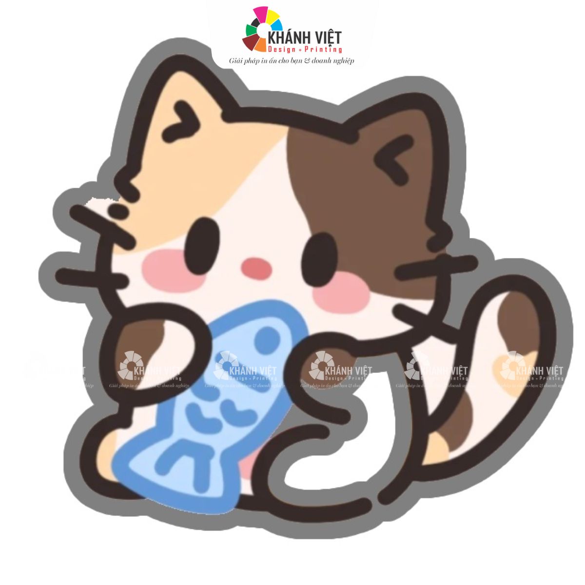Sticker mèo nhỏ cute đang ôm cá